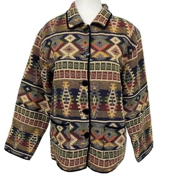 Vintage 90’s Jane Ashley Jacket Tapestry Colorful Aztec Blazer Medium - Picture 1 of 6